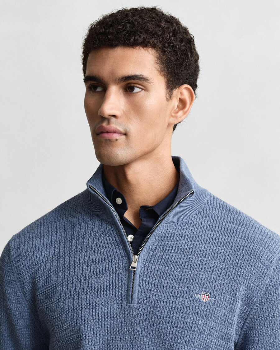 mini sweterek z dzianiny kablowej z zamkiem błyskawicznym – denim blue melange