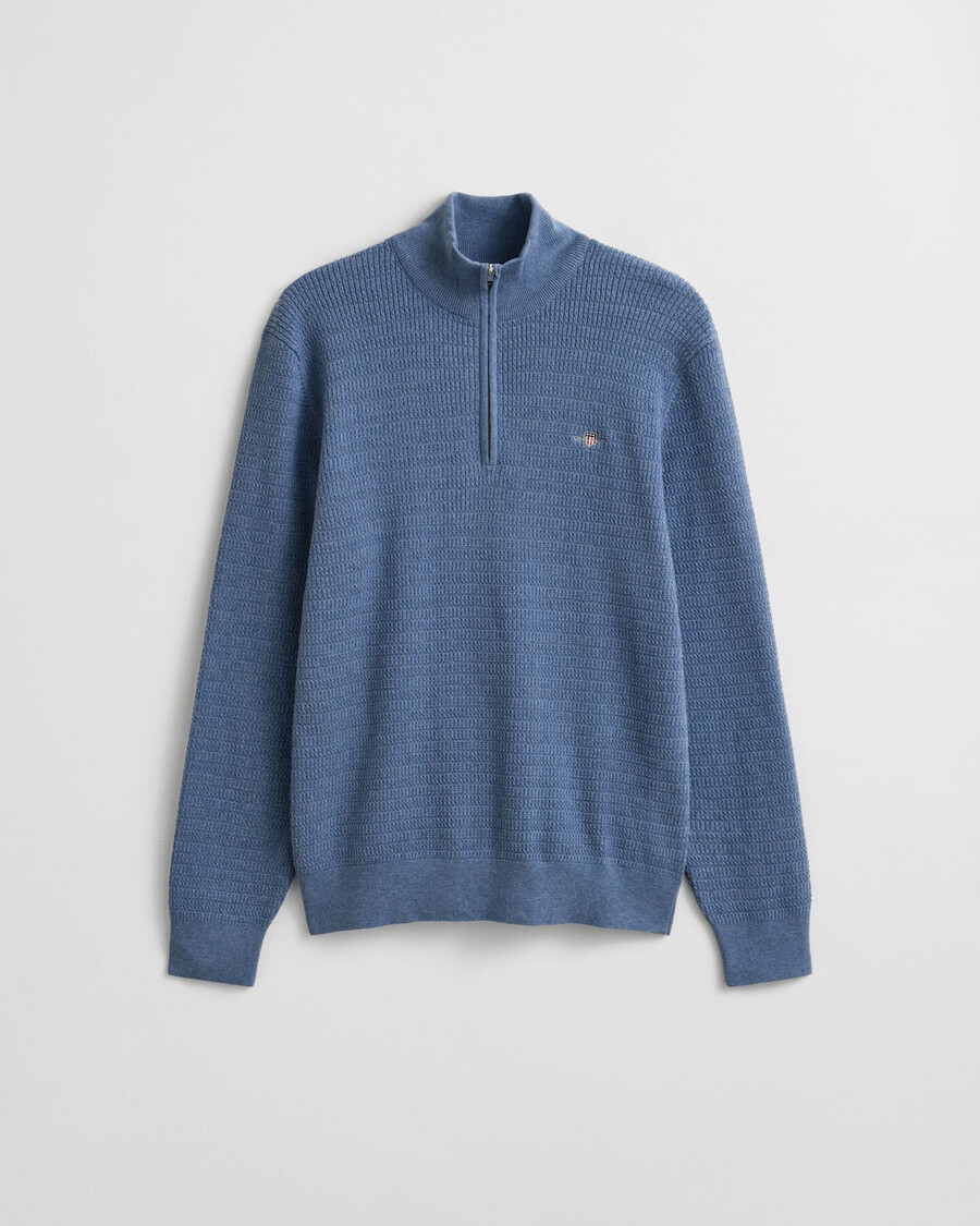 mini sweterek z dzianiny kablowej z zamkiem błyskawicznym – denim blue melange