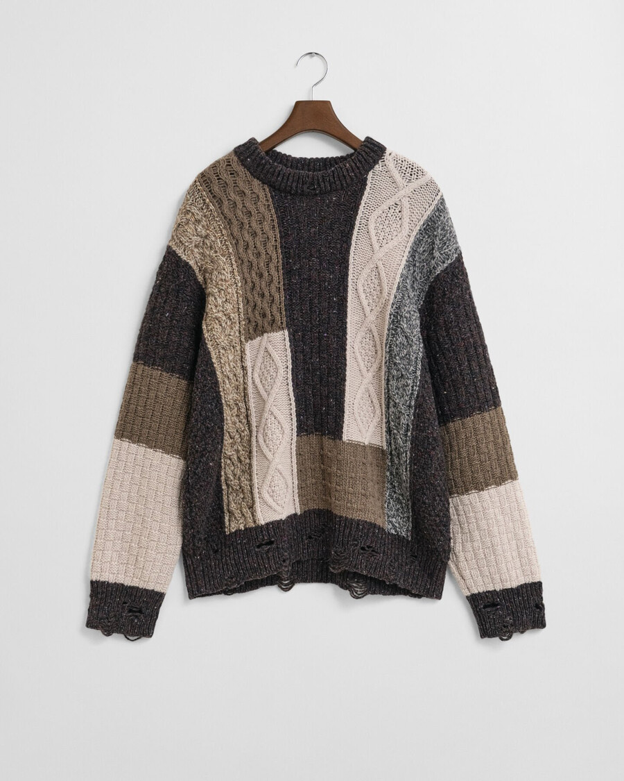 sweter z okrągłym dekoltem w stylu patchworku – ciemnobrązowy melanż