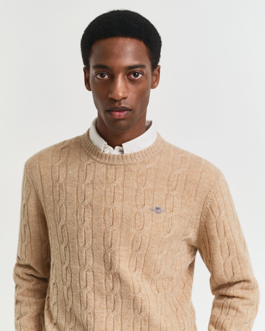 sweter z wełny jagnięcej z okrągłym dekoltem w kolorze khaki melanż