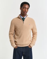 sweter Żebrowany z bawełny merynosowej z zamkiem błyskawicznym do połowy – khaki melanż