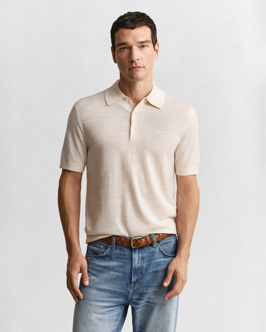 sweter polo z krótkim rękawem z bardzo cienkiej wełny merynosów – melanż nasion