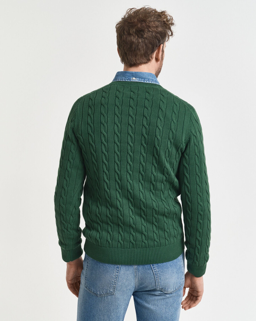 sweter z bawełnianej dzianiny kablowej z okrągłym dekoltem – leśna zieleń