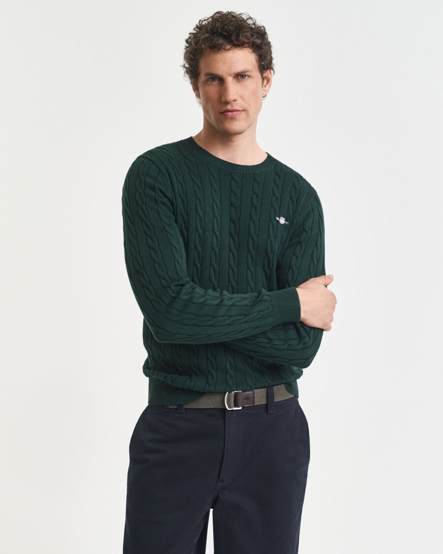 sweter z bawełnianej dzianiny kablowej z okrągłym dekoltem – tartan green