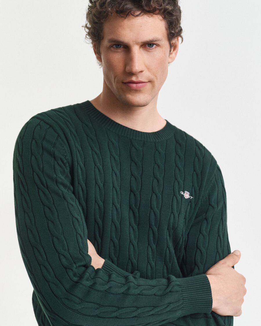 sweter z bawełnianej dzianiny kablowej z okrągłym dekoltem – tartan green