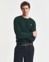 sweter z bawełnianej dzianiny kablowej z okrągłym dekoltem – tartan green