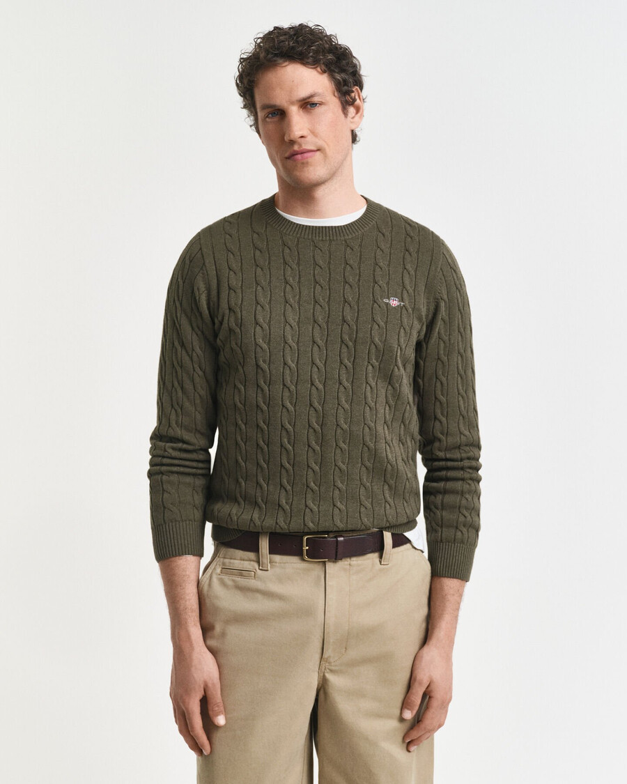 sweter z bawełnianej dzianiny kablowej z okrągłym dekoltem – khaki zielony melanż