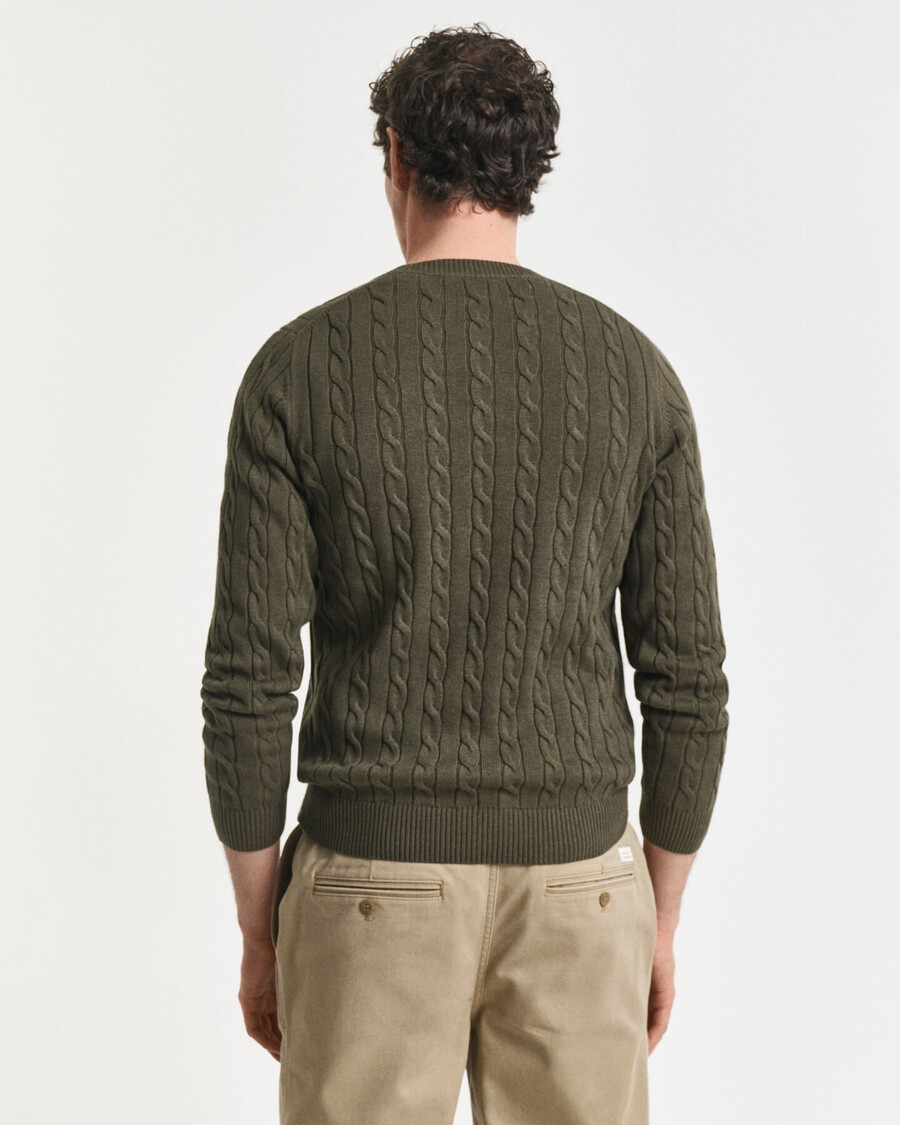 sweter z bawełnianej dzianiny kablowej z okrągłym dekoltem – khaki zielony melanż