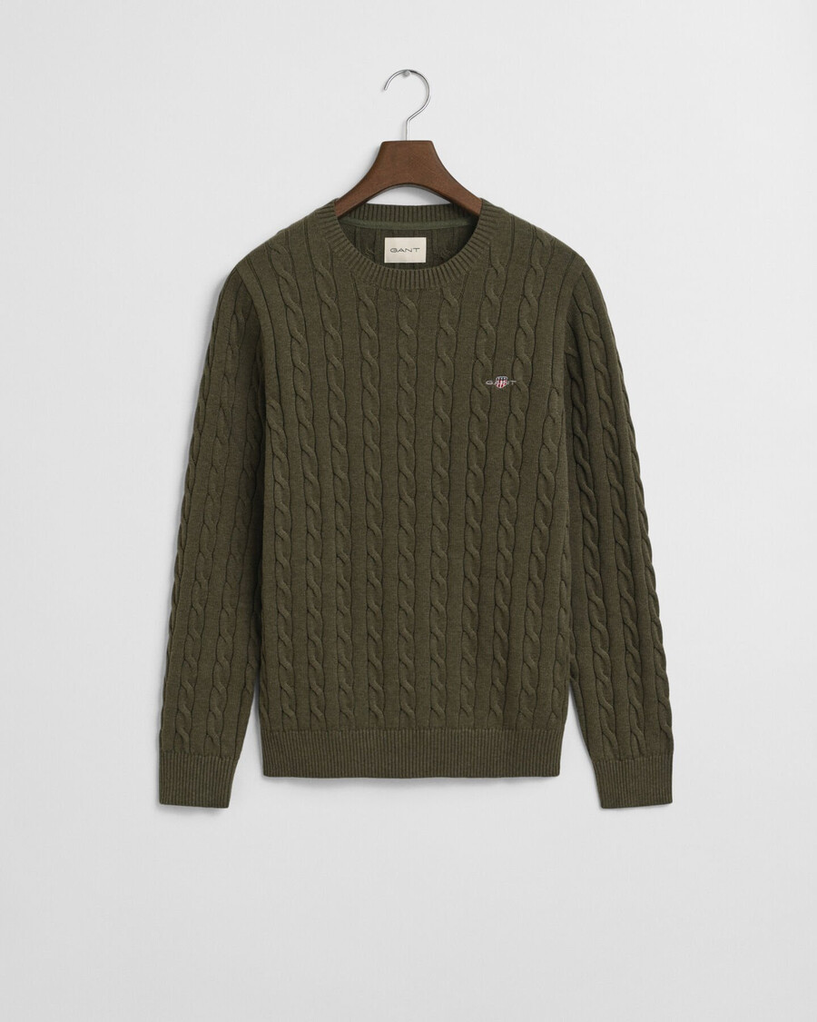 sweter z bawełnianej dzianiny kablowej z okrągłym dekoltem – khaki zielony melanż