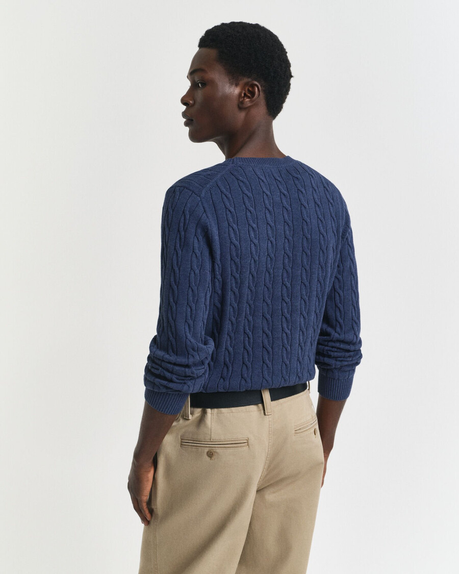 sweter z bawełnianej dzianiny kablowej z okrągłym dekoltem – dk jeansblue melange