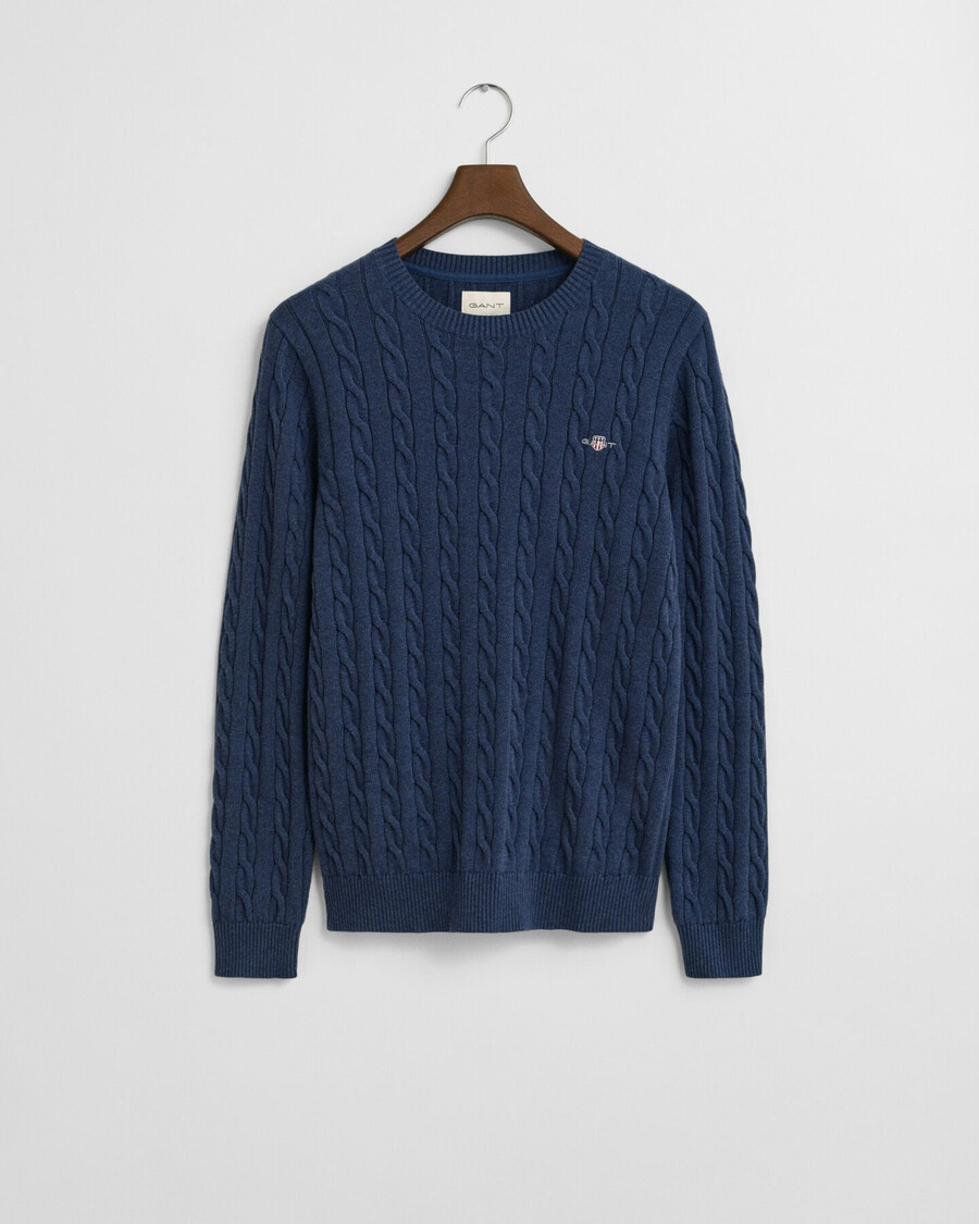 sweter z bawełnianej dzianiny kablowej z okrągłym dekoltem – dk jeansblue melange