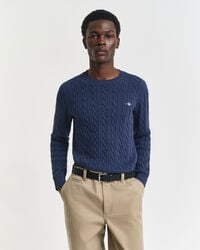sweter z bawełnianej dzianiny kablowej z okrągłym dekoltem – dk jeansblue melange