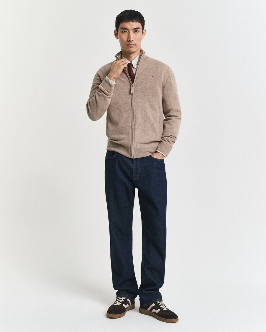 superfine lambswool zip cardigan - dk sand melange