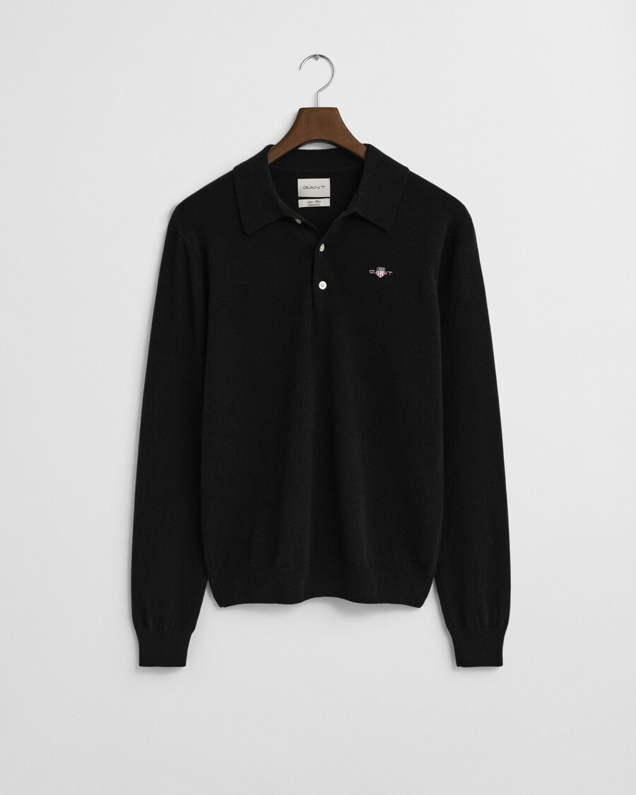supercienki sweter polo z wełny jagnięcej – czarny