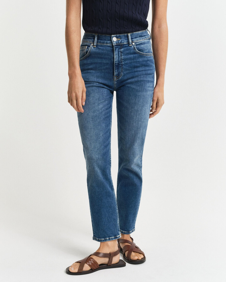 jeansy slim fit cropped - Średni niebieski znoszone