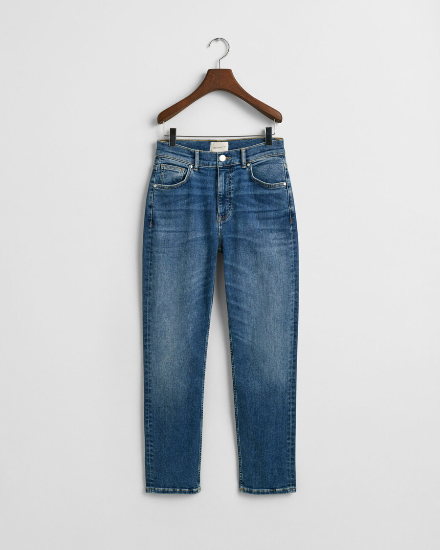 jeansy slim fit cropped - Średni niebieski znoszone