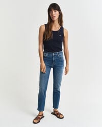 jeansy slim fit cropped - Średni niebieski znoszone