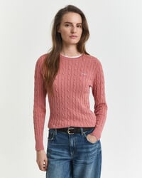 sweter z elastycznej bawełny z okrągłym dekoltem i splotem kablowym – faded brick