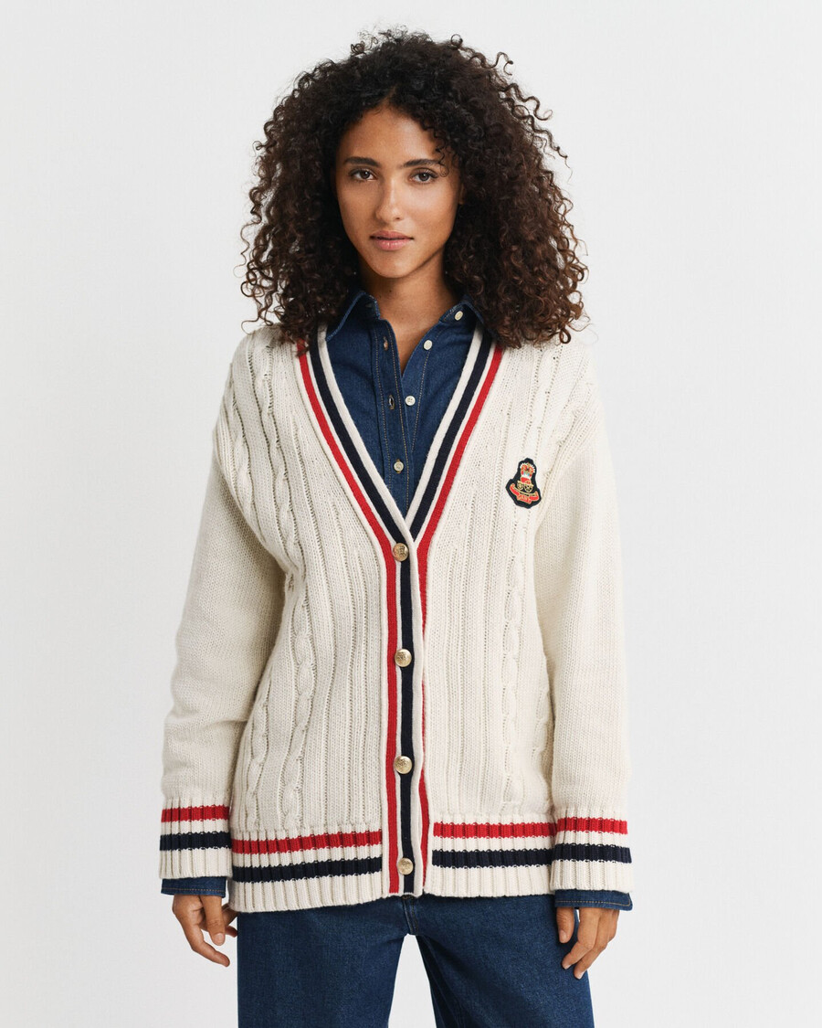 kardigan varsity cable knit z dekoltem w serek – kremowy