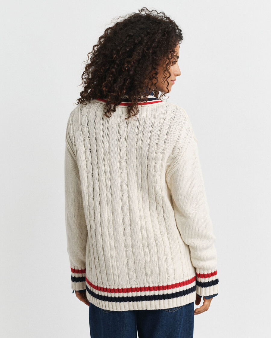 kardigan varsity cable knit z dekoltem w serek – kremowy