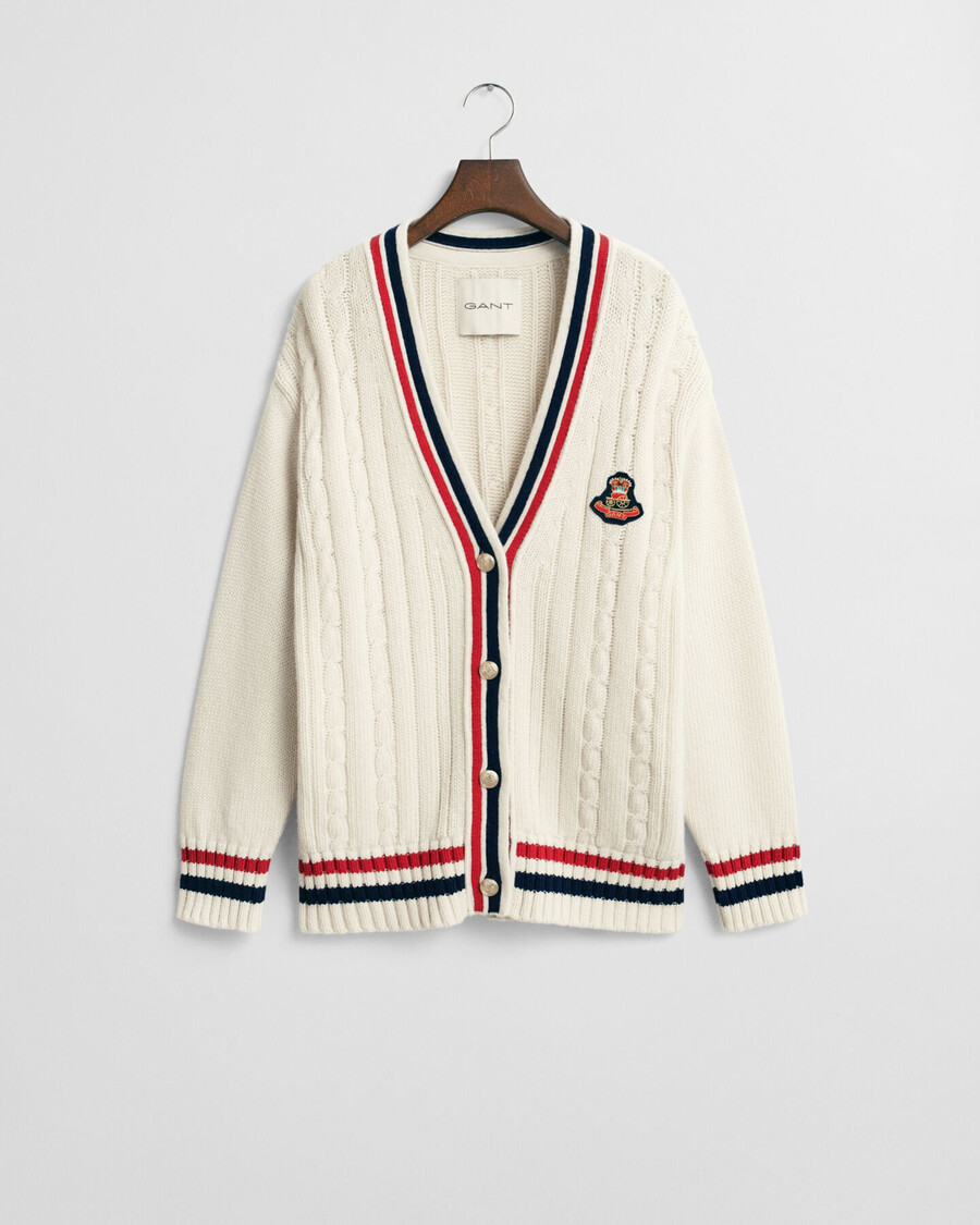 kardigan varsity cable knit z dekoltem w serek – kremowy